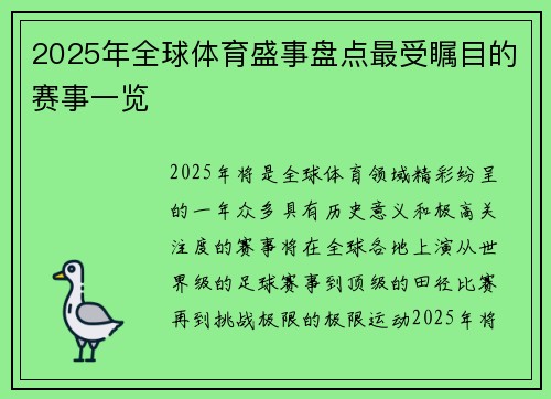 2025年全球体育盛事盘点最受瞩目的赛事一览